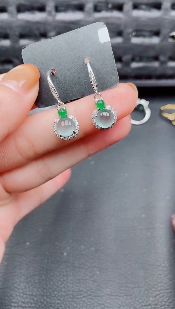 【闪购商品】翡翠耳饰银S925镶嵌天然a货翡翠593