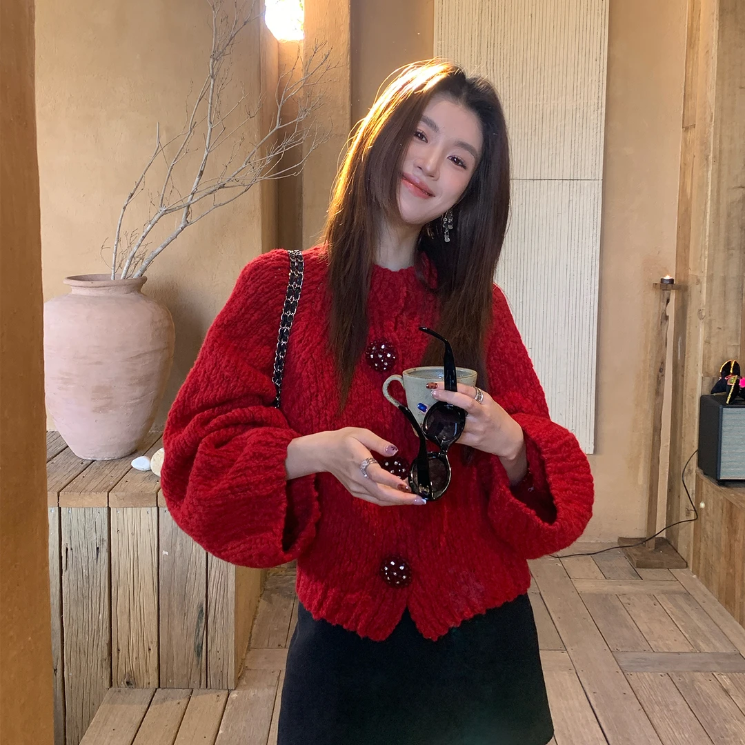 【现货】【红绯酒心】招财红色绞花软糯经典老钱开衫