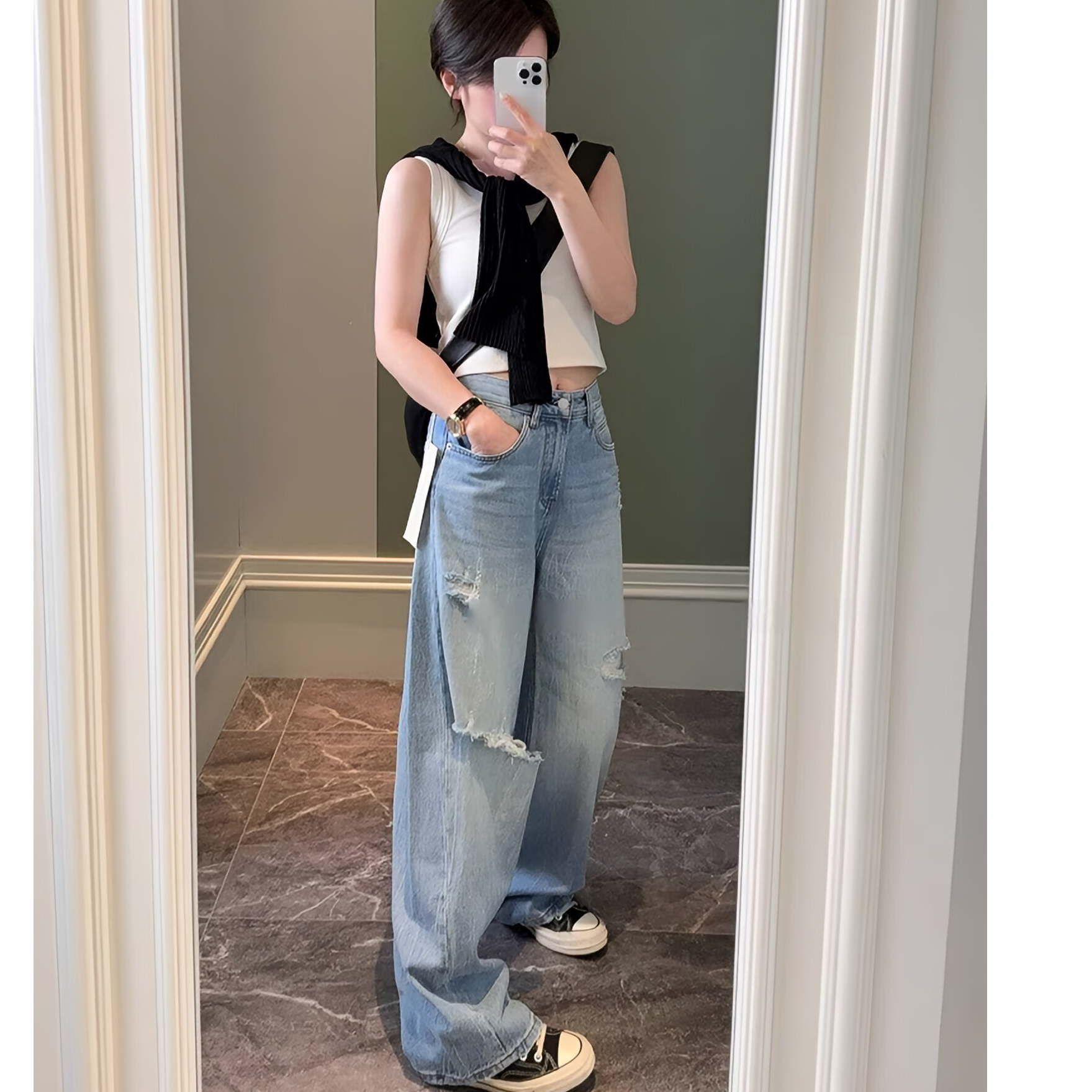  SU【300-1】503花 愫蕊 爆款弯刀牛仔裤夏季新款破洞工艺弯刀裤~