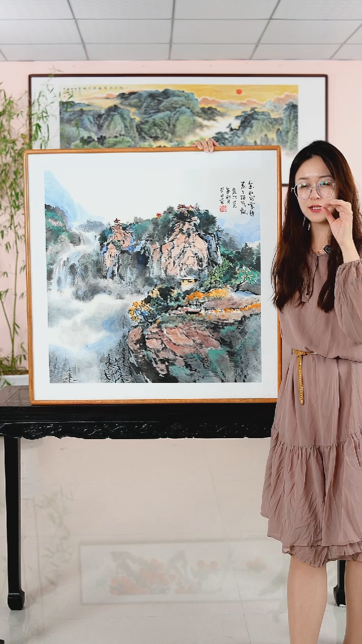 国画王学田《金山白云绕》手绘带框82*82厘米