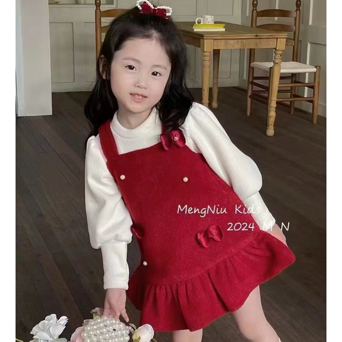女童连衣裙秋冬季2024新款女宝宝加厚加绒红色公主裙子