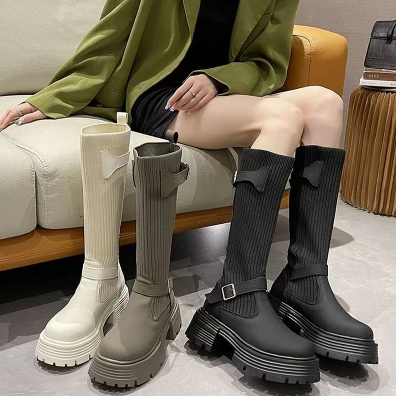 6666秋冬针织弹力瘦瘦骑士靴2025新款韩版厚底高筒不过膝长筒靴