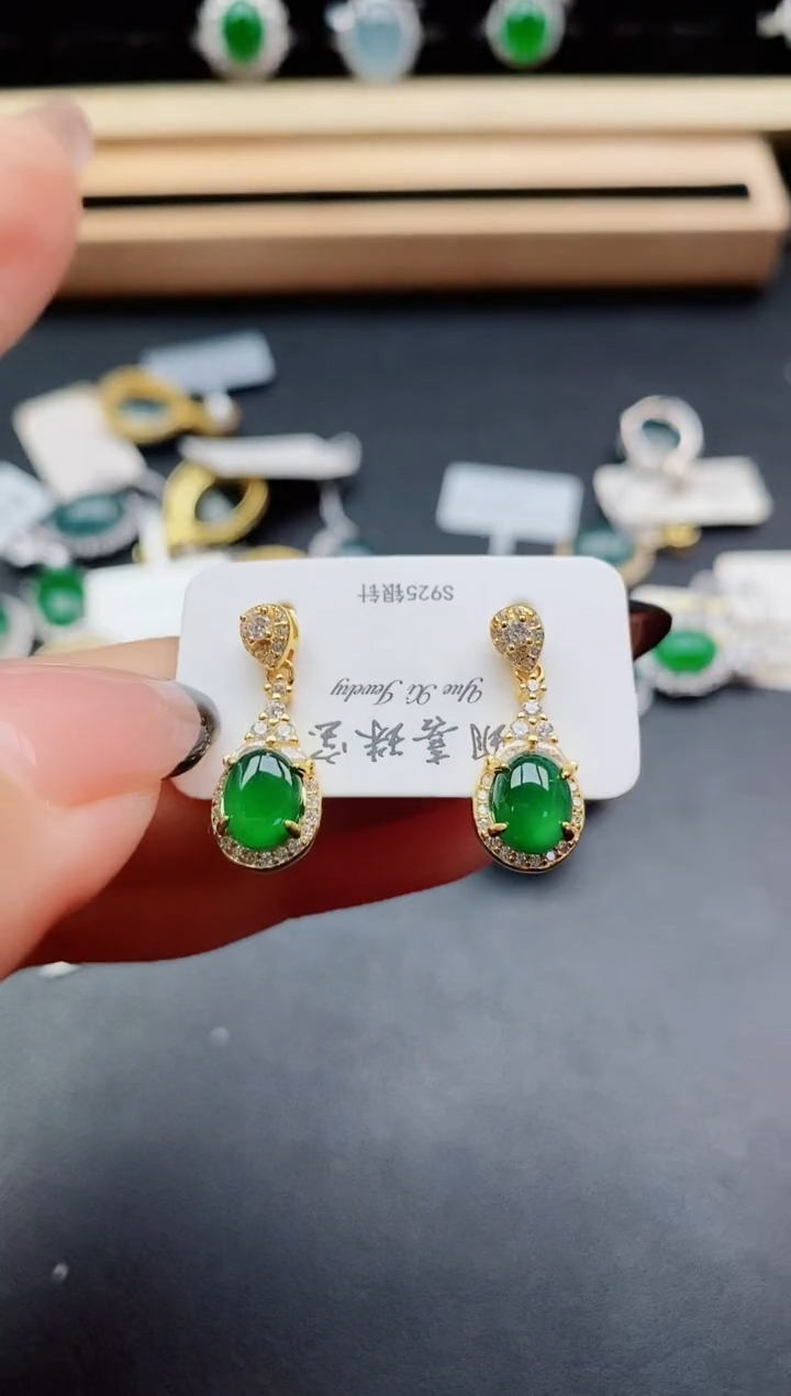 翡翠银S925镶嵌耳饰508500