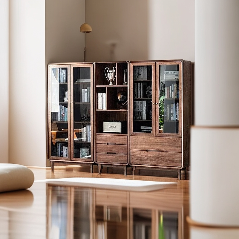 北美黑胡桃全实木书柜北欧现代简约玻璃带门收纳储物柜轻奢落地柜