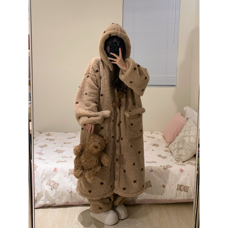 慵懒少女波点珊瑚绒睡衣女冬季加绒加厚毛绒睡袍长裤家居服套装
