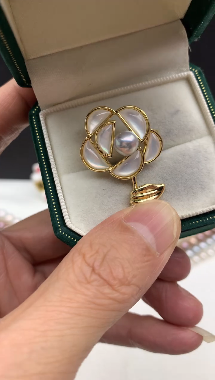 未镶嵌ff海水珍珠akoya灰珠胸针7~8mm