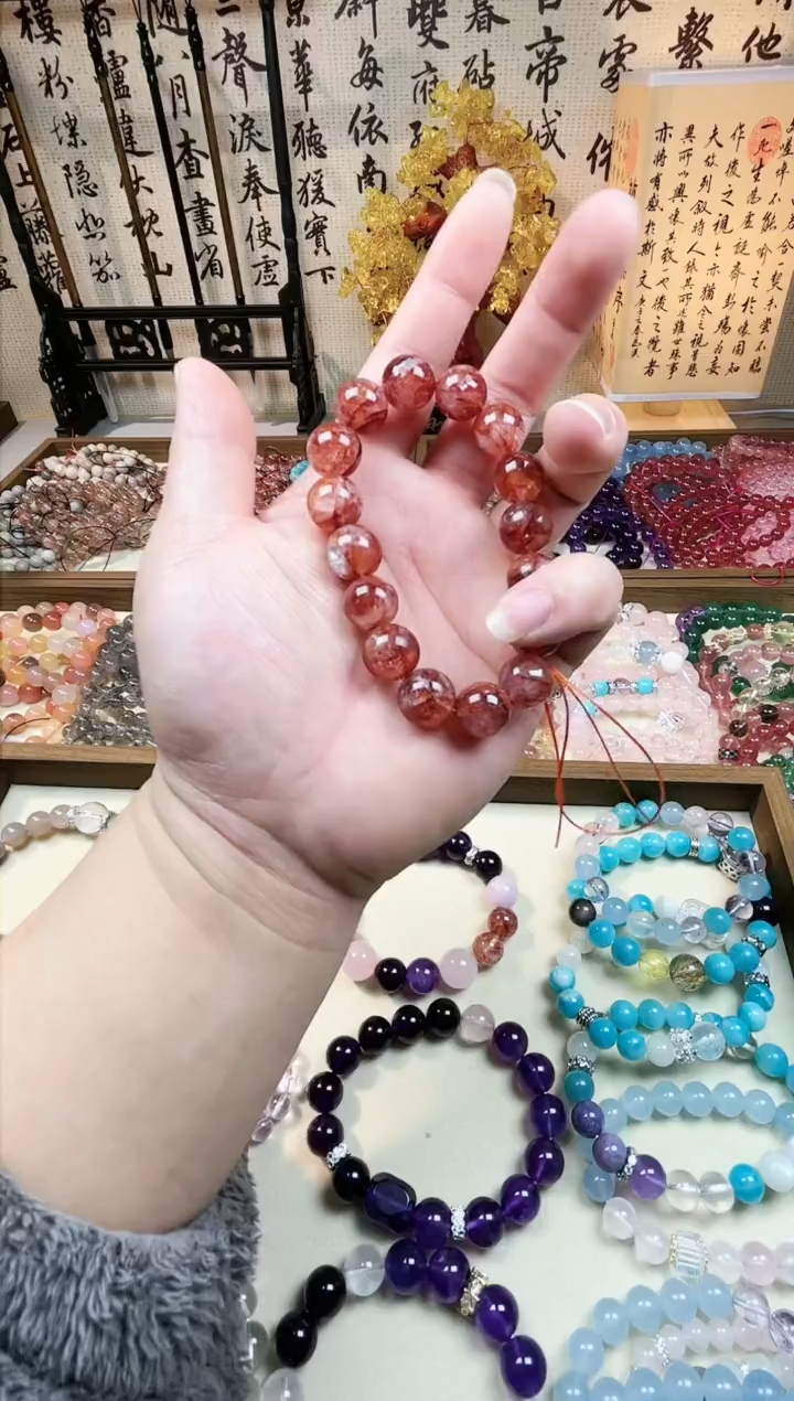 【闪购商品】硅化玉手链合金红胶花手串，尺寸13mm，保真保天然