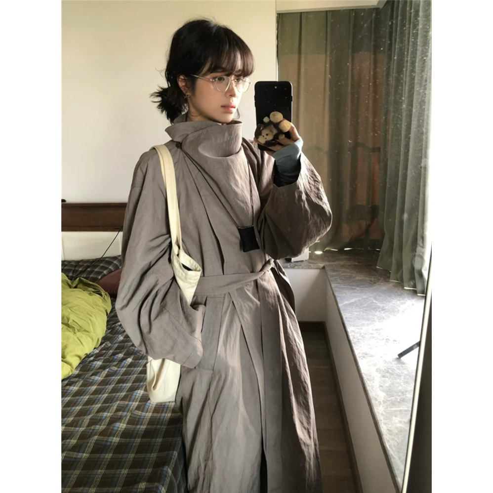肌理褶皱立领风衣外套女秋季高智感ROW风宽松廓形长款大衣