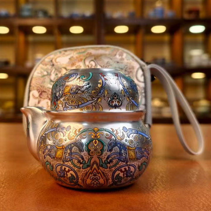 八骏图鎏银手抓泡茶器一壶一杯1101