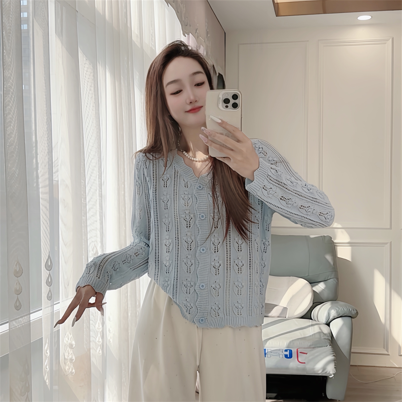 2536现货早春针织衫长袖开衫镂空女装V领气质韩版减龄时尚外搭