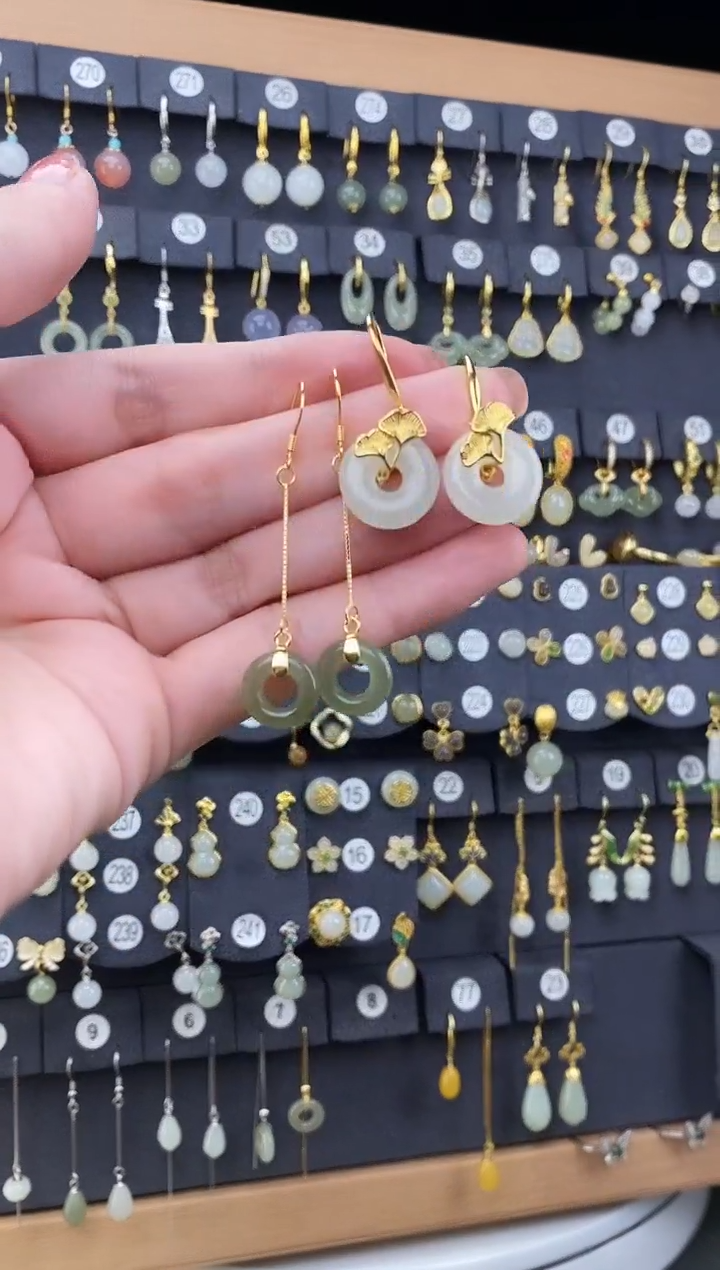 和田玉银S925镀金镶嵌耳饰快****人甜甜圈两套-4件