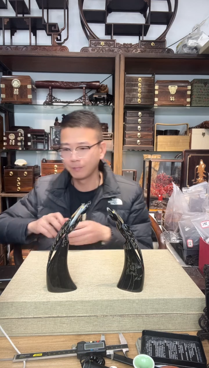 乌木类书架011角雕刻猫头鹰摆件2个