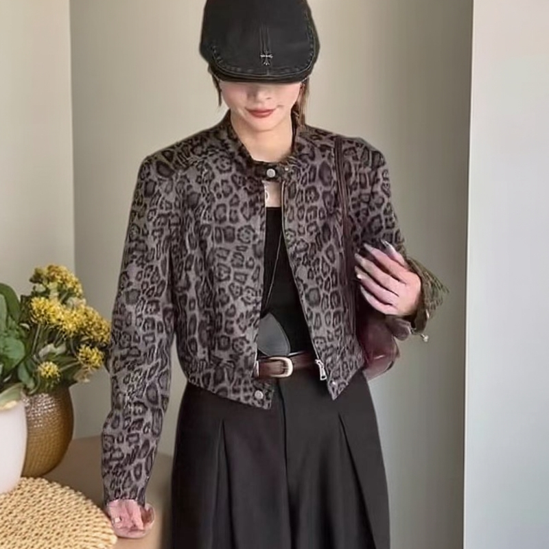 复古高级感豹纹秋装短外套新款立领时尚休闲拉链夹克女士上衣2616