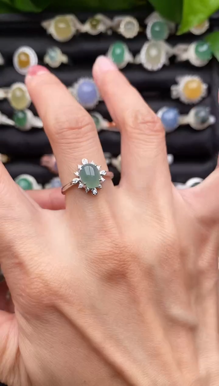 【闪购商品】翡翠戒指银S925镶嵌缅甸天然A货翡翠55  3-6