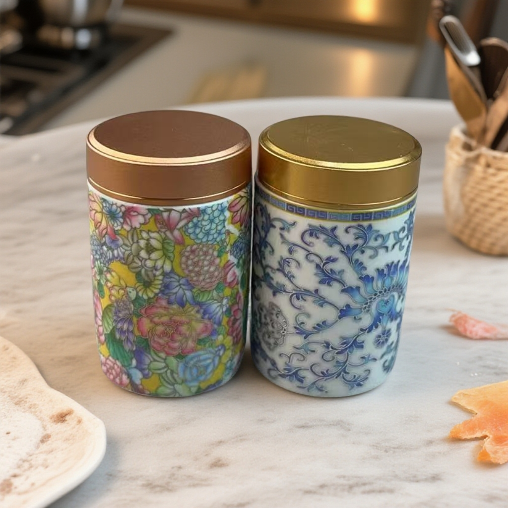 满花缠枝莲万花陶瓷设计适合旅行使用的茶叶罐一对装