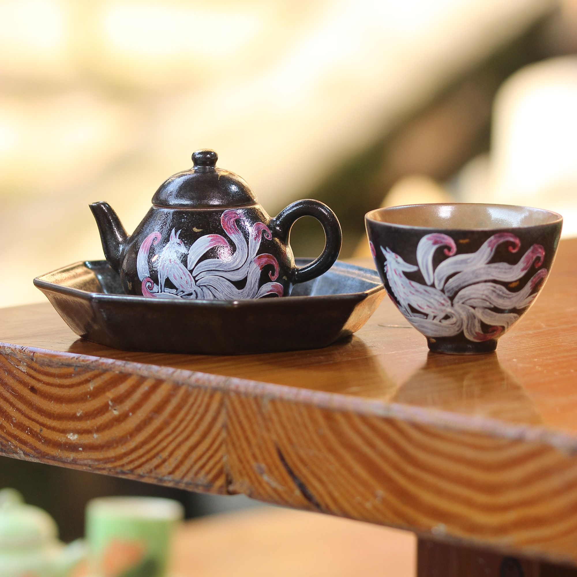 亘古茶具柴烧陶一丁九尾壶茶道茶器泡茶壶承主人杯三件套分茶器