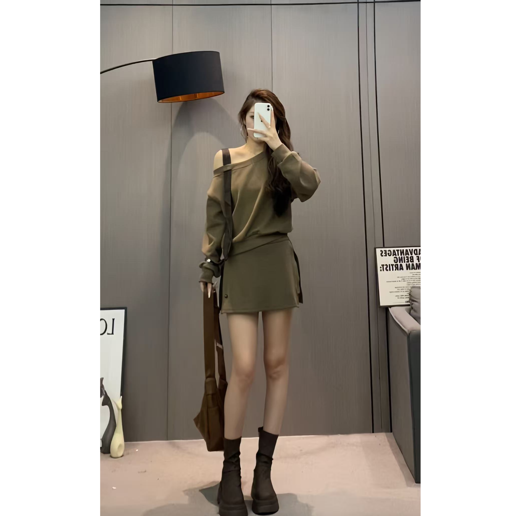 森森定制【时光画布】早秋休闲气质斜肩卫衣显瘦短款裙裤套装T224