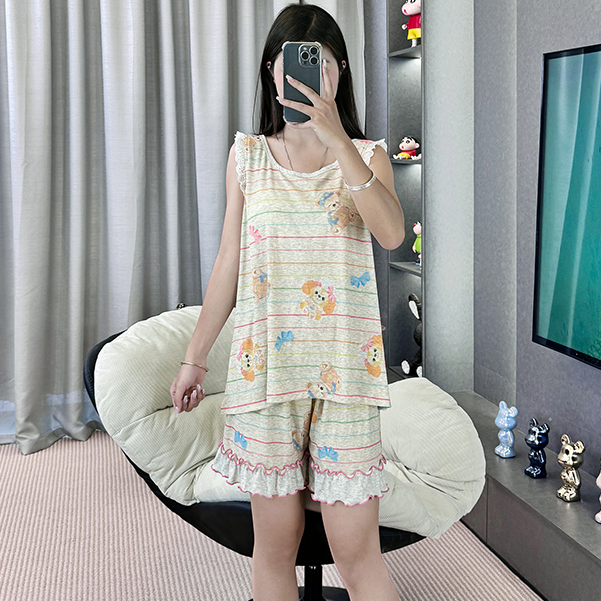 睡衣女夏季爆款小飞袖卡通带胸垫薄款休闲宽松家居服套装-535（TZ）