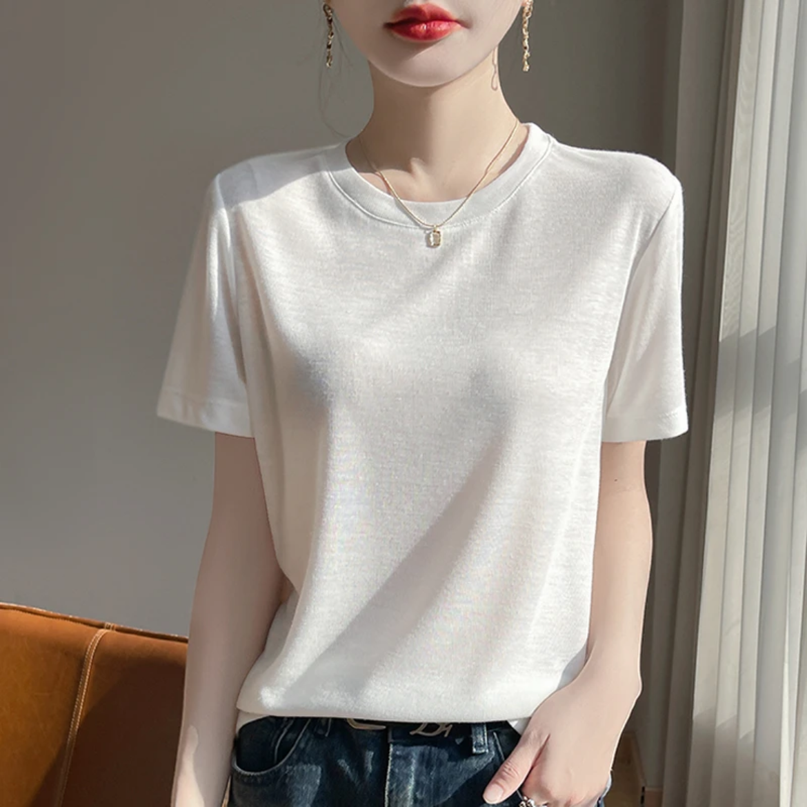 夏季新款莱赛尔短袖柔软透气正肩圆领T恤纯色百搭显瘦半袖打底衫
