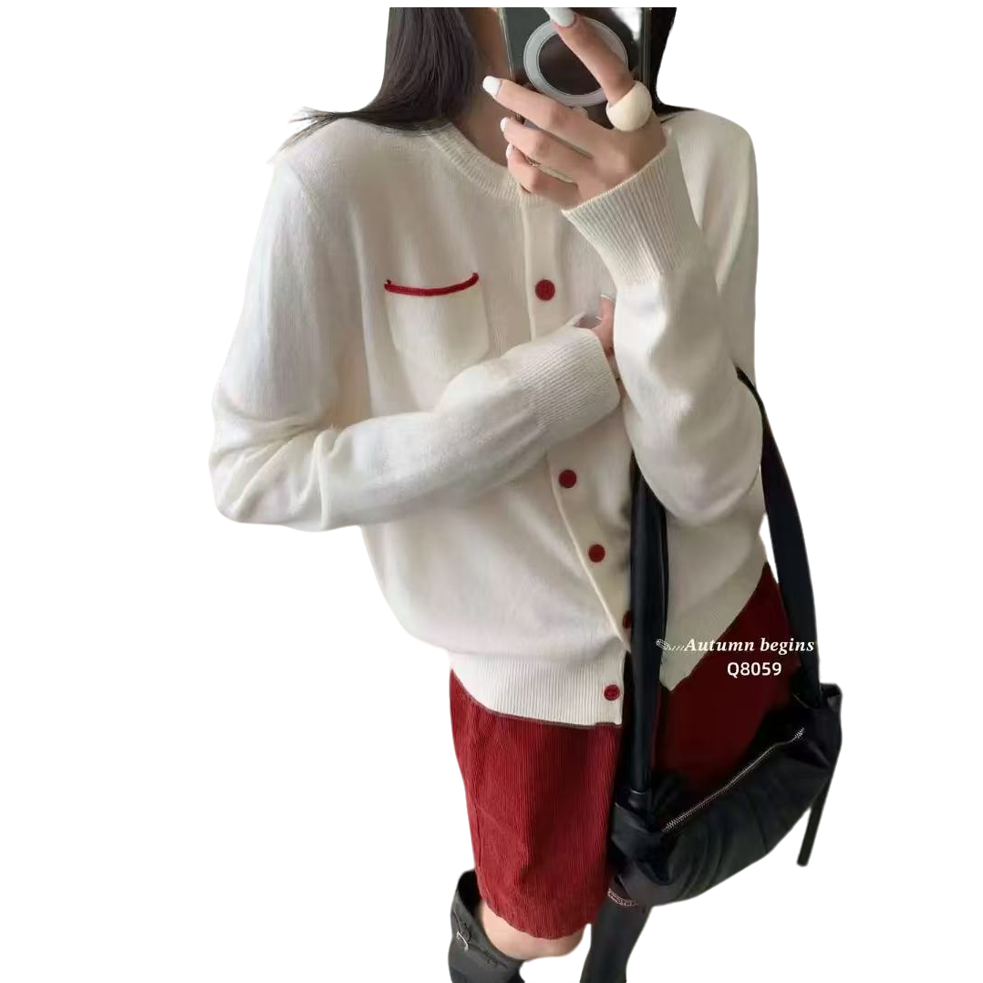 韩版高品质圆领撞色口袋设计长袖羊毛针织开衫女秋季新款百搭上衣