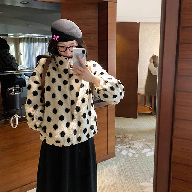金喜家-【波点元素】韩系百搭时尚黑白波点立领羔羔毛外套