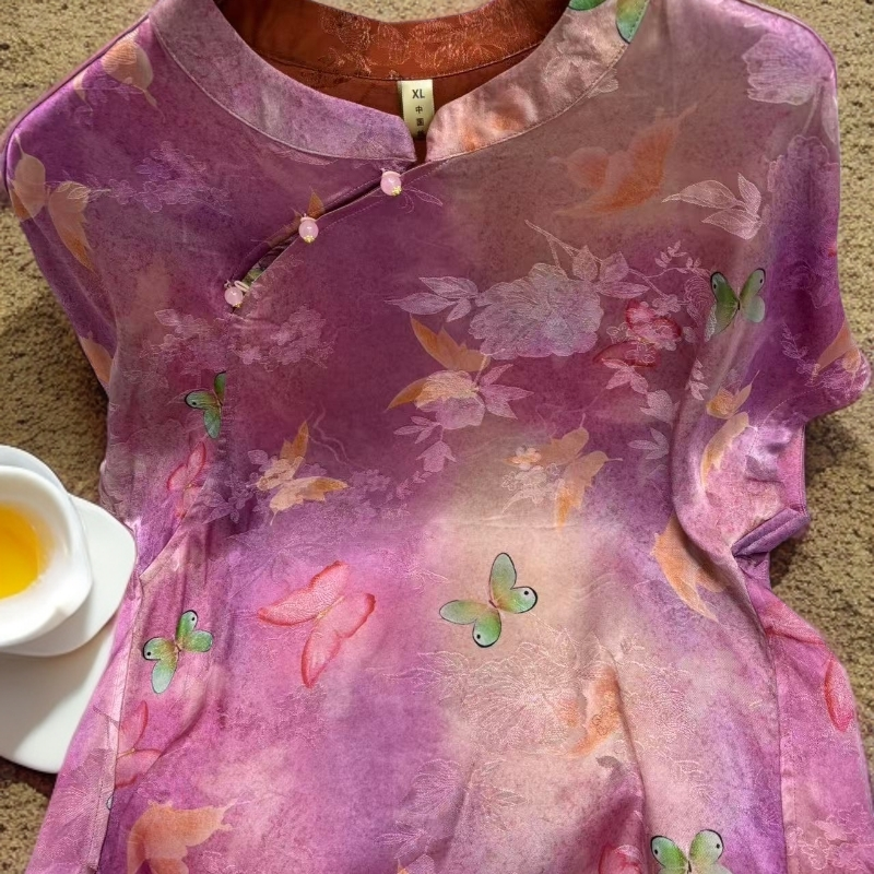 【九紫】宽松型斜襟短袖常规款立领衬衫复古双面new vintage