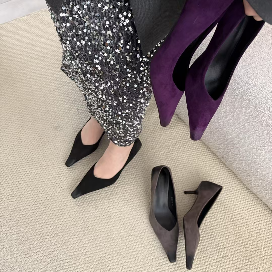 绒面尖头浅口单鞋女秋季新款一脚蹬舒适瓢鞋韩版低跟通勤女鞋女士