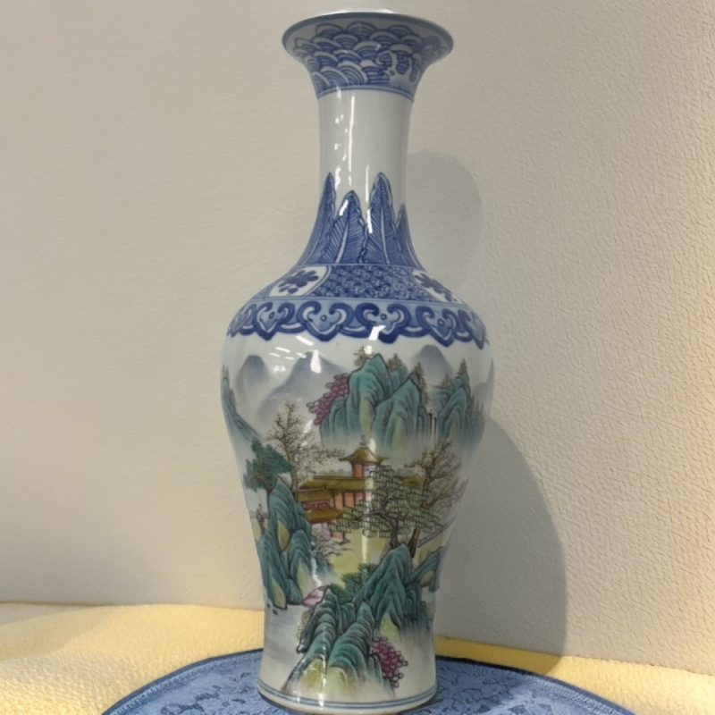 高档大口径山水陶瓷花瓶客厅电视柜插花装饰摆件