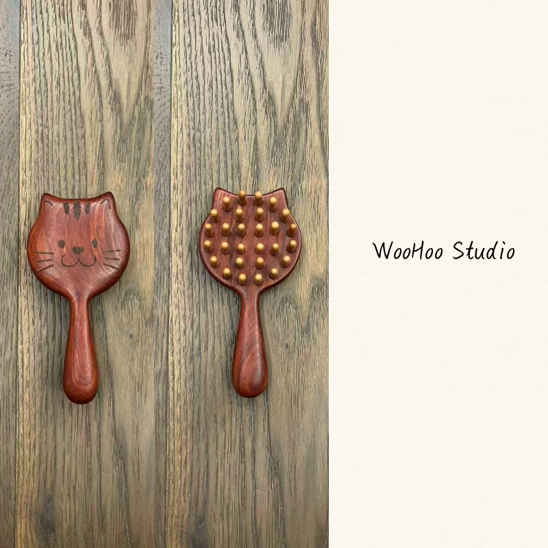 可爱小猫造型檀木钉钉梳 檀木按摩梳头皮穴位头疗经络按摩长把梳