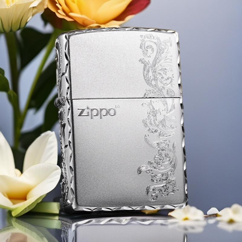 【老李推荐】zippo打火机富贵繁花手雕唐草黄铜镀银常规送礼PWJ1