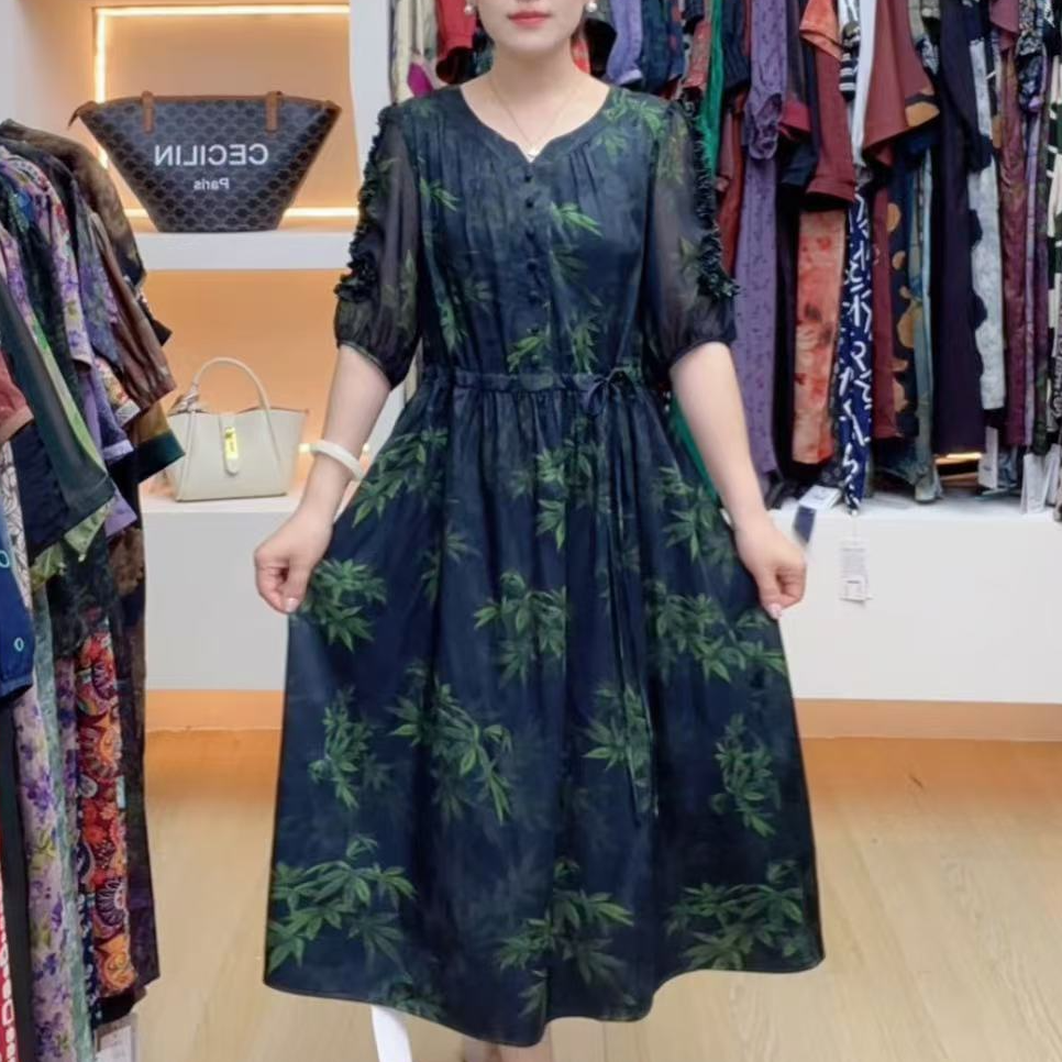【新款上新】2025夏季时尚妈妈连衣裙夏装减龄印花衬衫式连衣裙B016