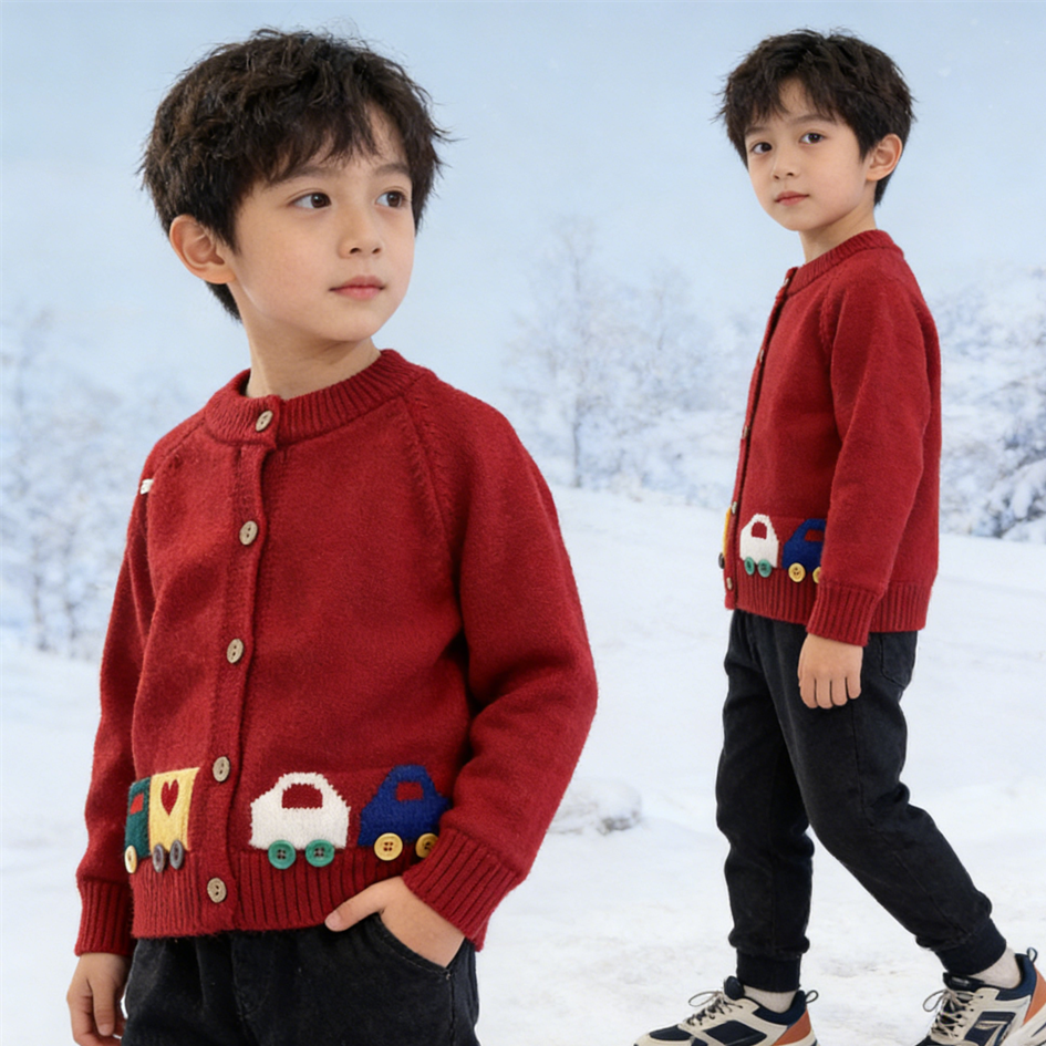彩虹纽扣开衫小汽车2025冬季加德绒长袖针织衫毛衣儿童毛衣童装