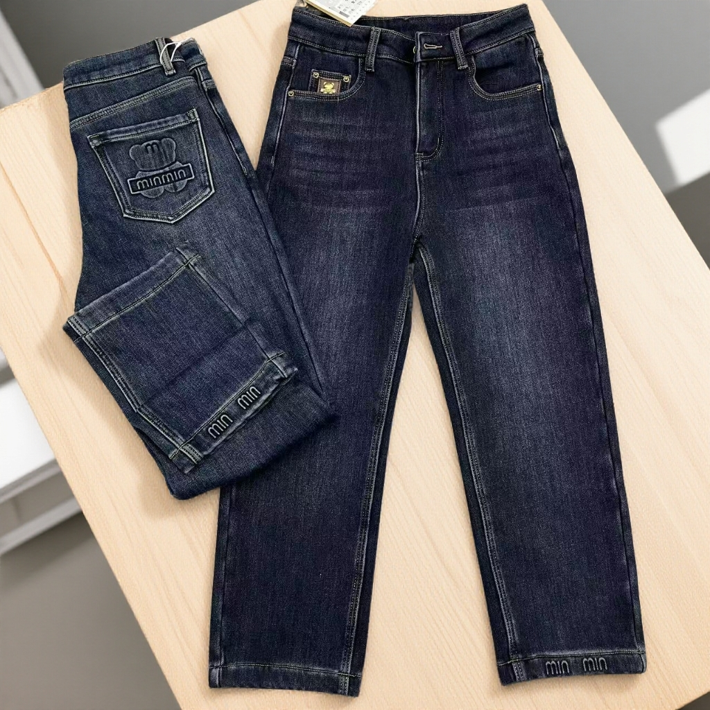 重工小熊加绒加厚法棍烟管裤弹力小个子八分直筒牛仔裤子女99129