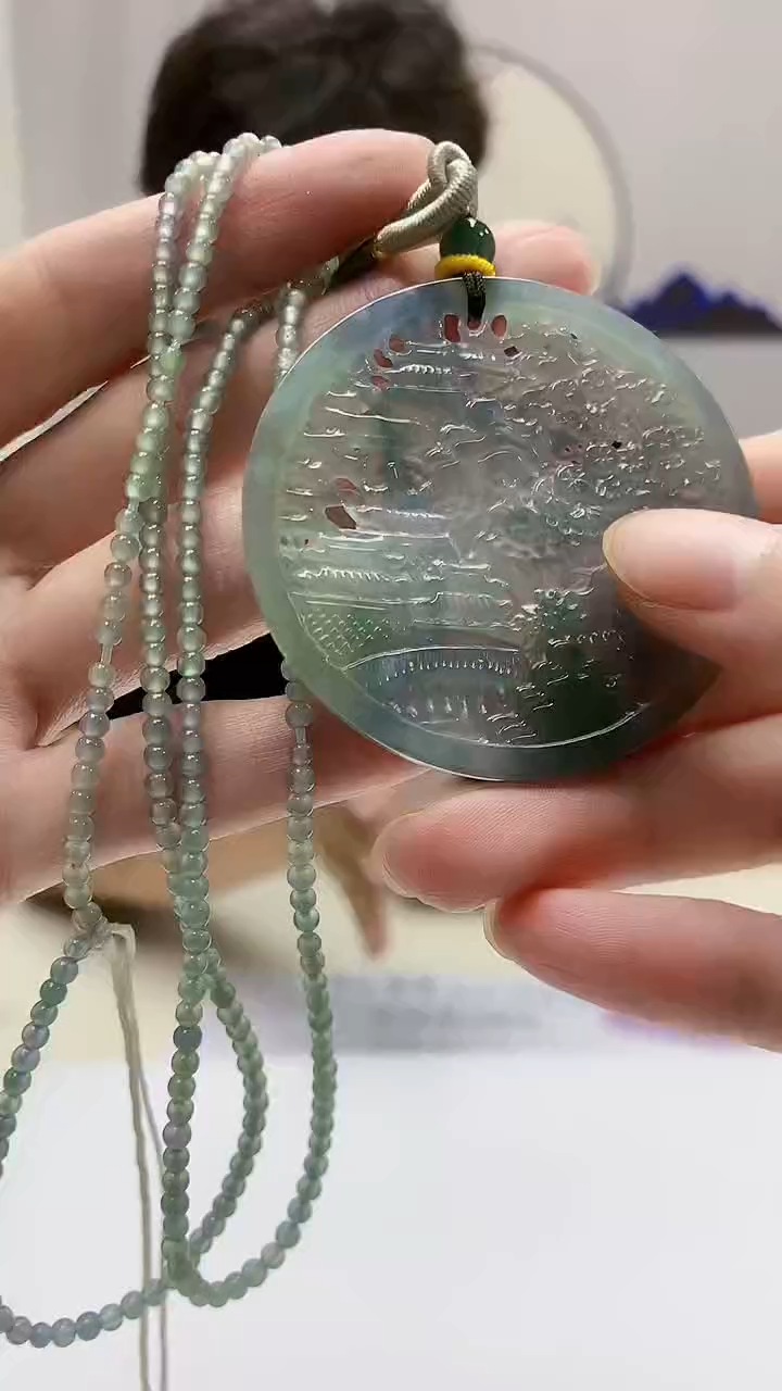 定制翡翠未镶嵌4688zm-毛货珠链山水一套96