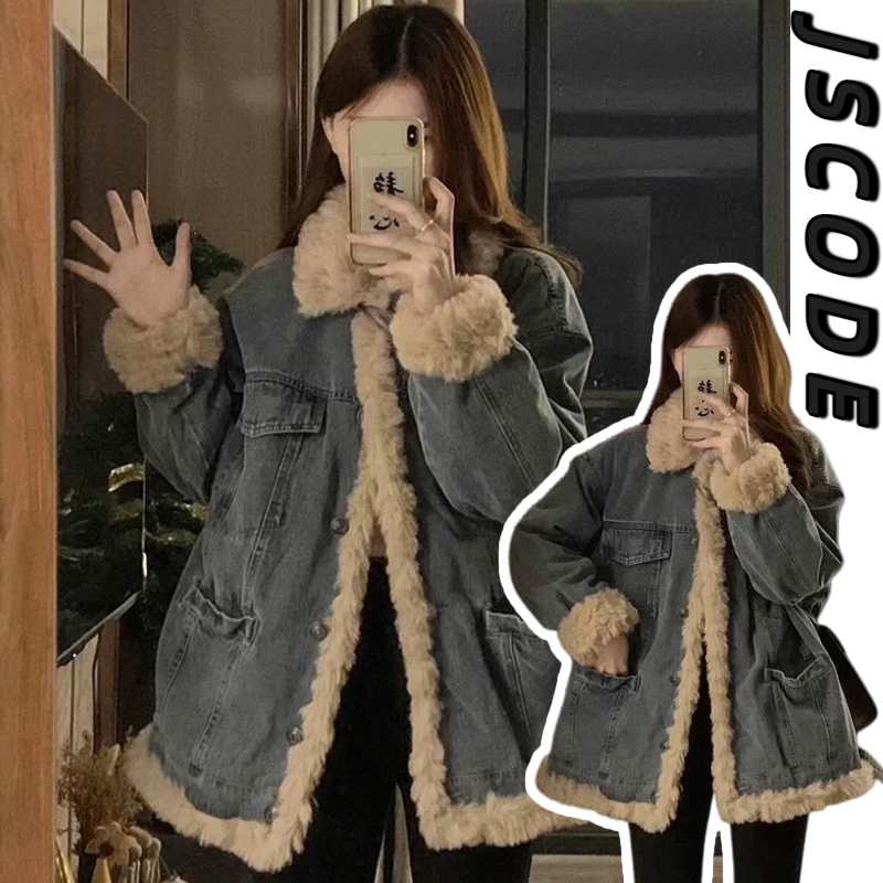 300斤大码女装复古羊毛羔加绒牛仔棉服女胖mm百搭宽松显瘦棉衣潮