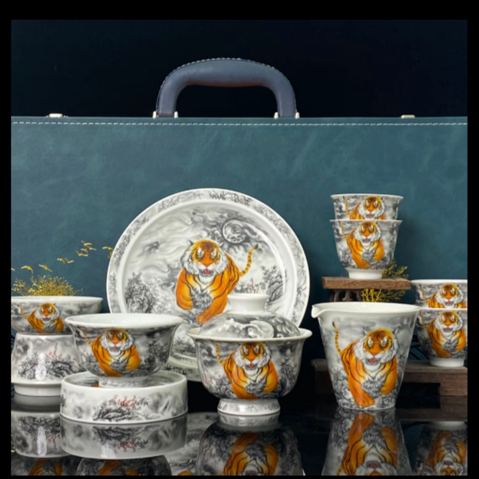 景德镇墨彩虎啸山林10件套盖碗壶承花纹盖置主人杯套装系列茶具