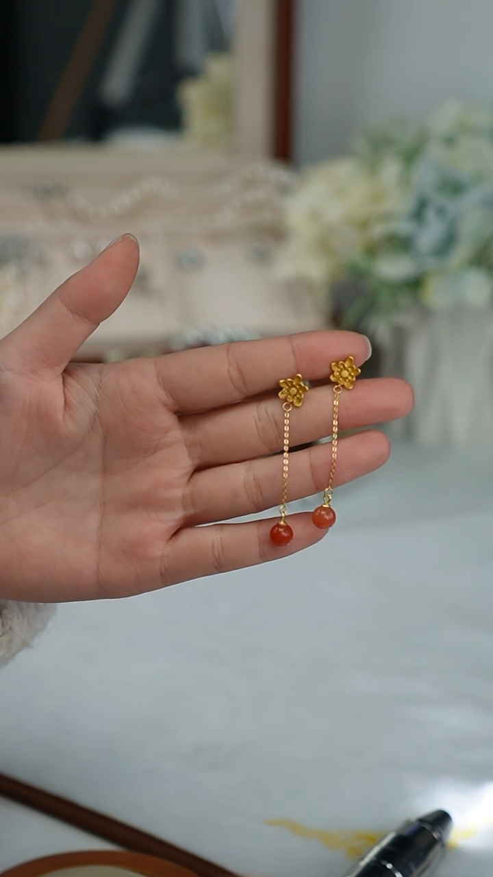 【闪购商品】南红玛瑙耳饰银S925镶嵌耳饰 7-8mm