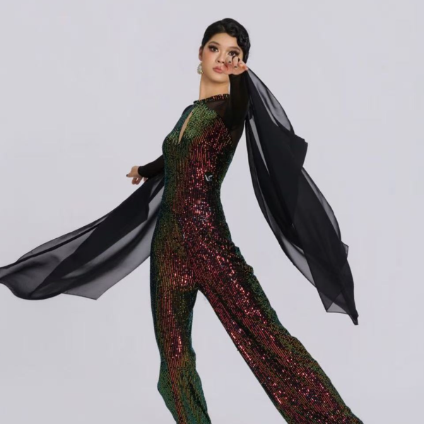 薇拉舞服连体裤黑金飘带花朵连体裤国标舞摩登舞演出服LT-0166