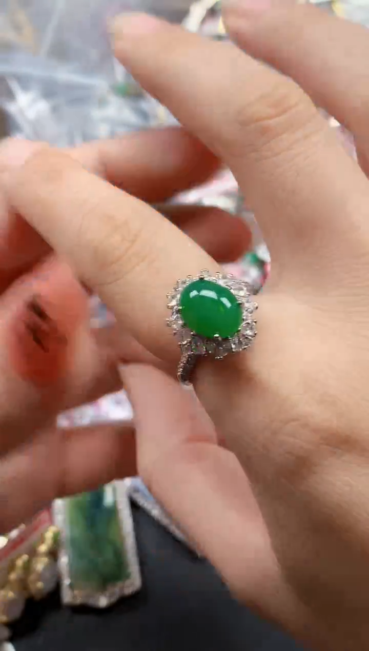 银S925镶嵌戒指翡翠天然A货缅甸翡翠