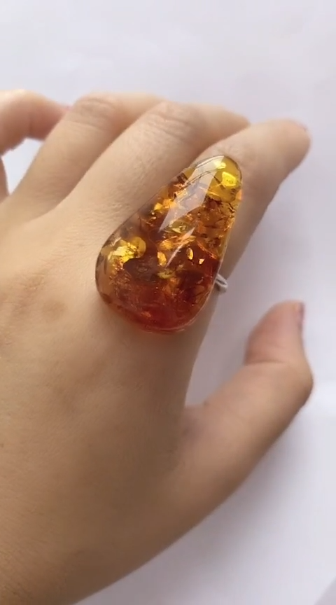 【闪购商品】琥珀裸石银S925镶嵌花珀戒指