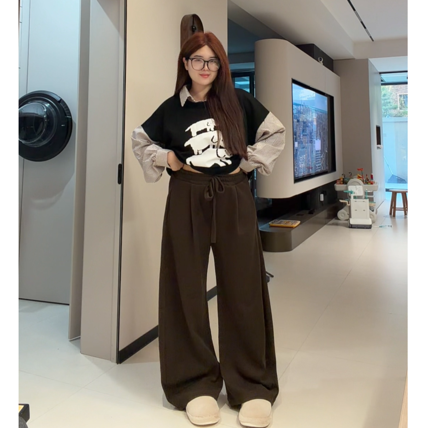 新款大码保暖加厚可过冬纯色宽松高腰显瘦糯米裤