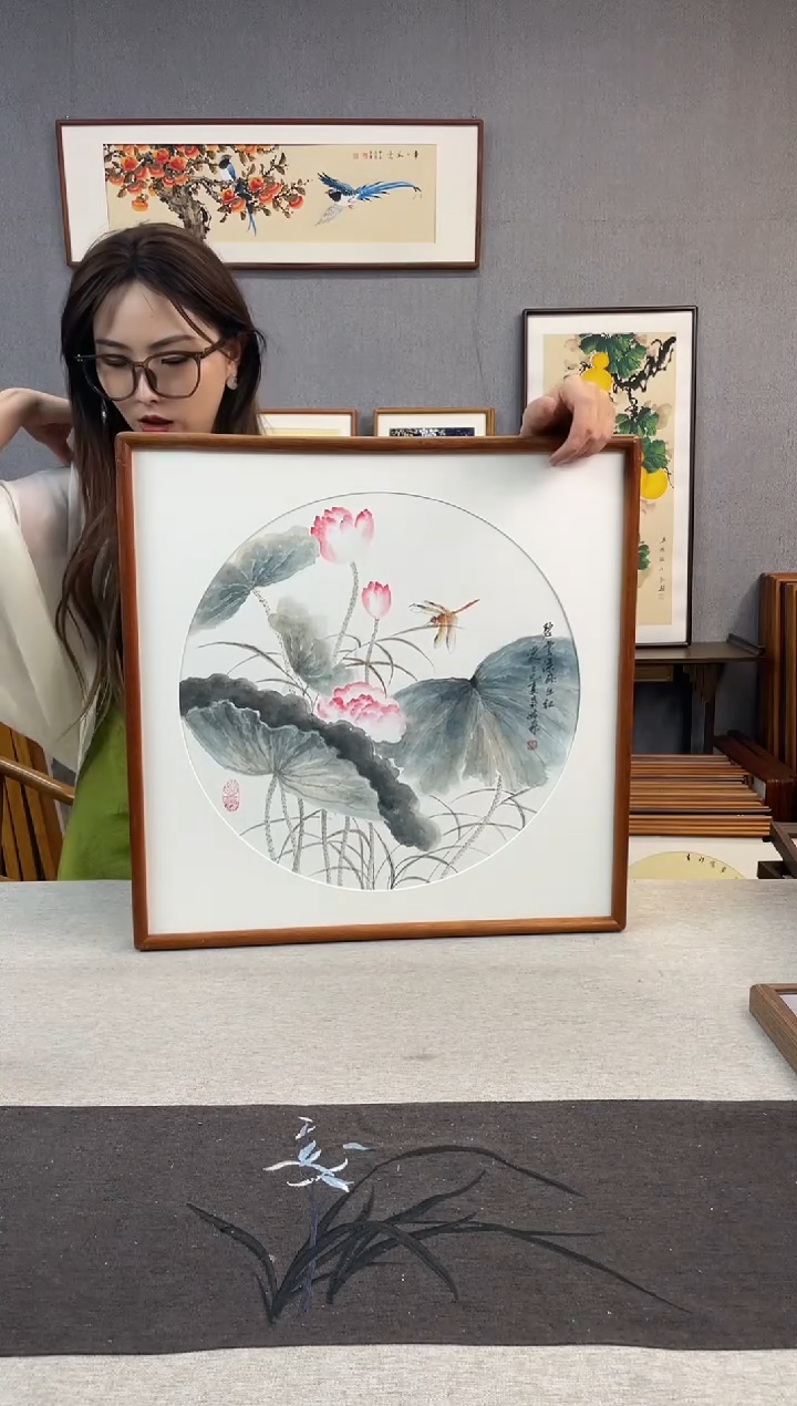 国画手写手绘带框作品-52*52-荷花