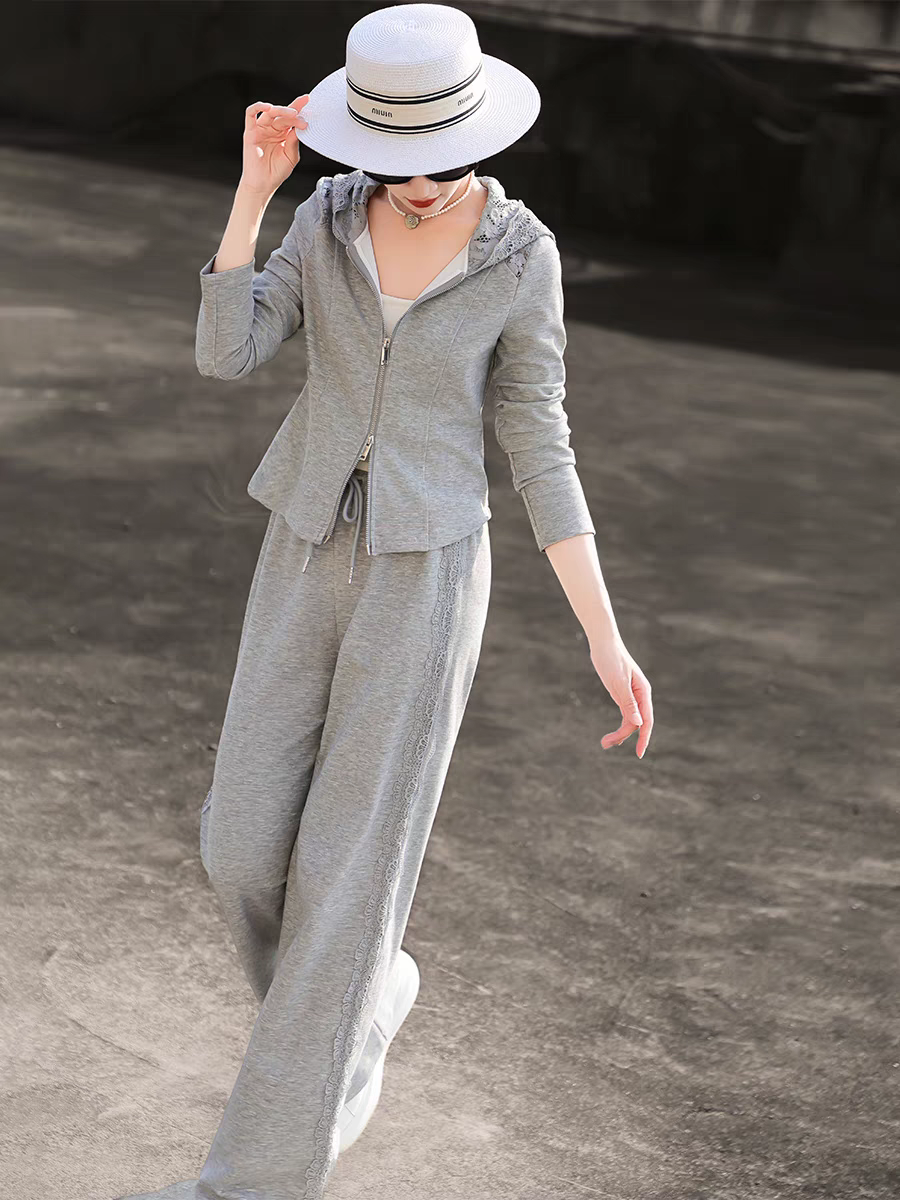 66019时尚蕾丝连帽双拉链休闲运动套装