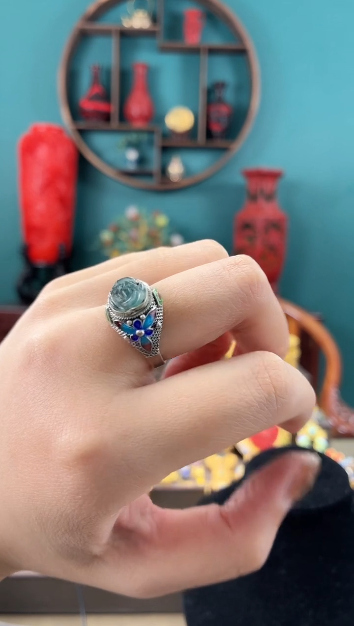 非遗手工花丝镶嵌戒指蓝花