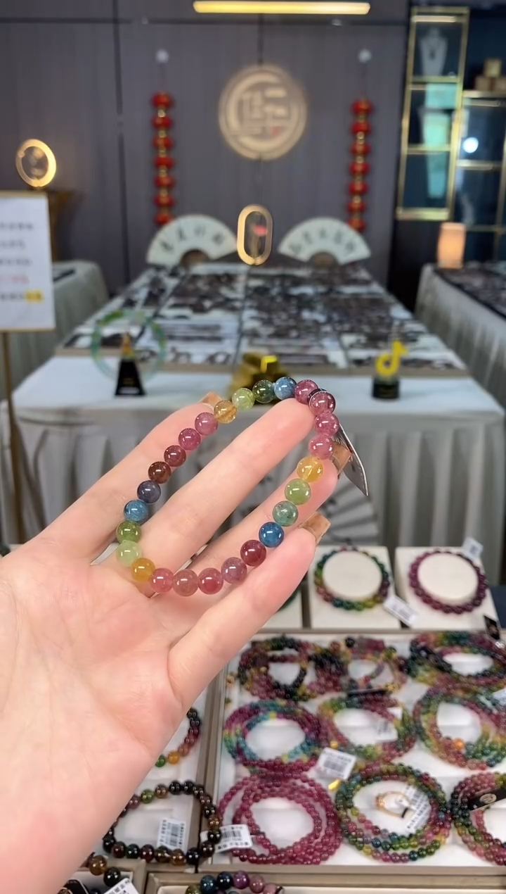 未镶嵌老矿碧玺色标彩虹单圈手串7mm+碧玺dan多样性发货一条