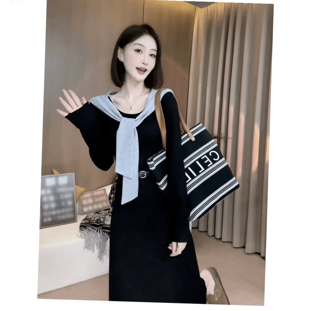 熙鑫文君黑色连帽长袖连衣裙女秋冬新款小个子穿搭早秋长