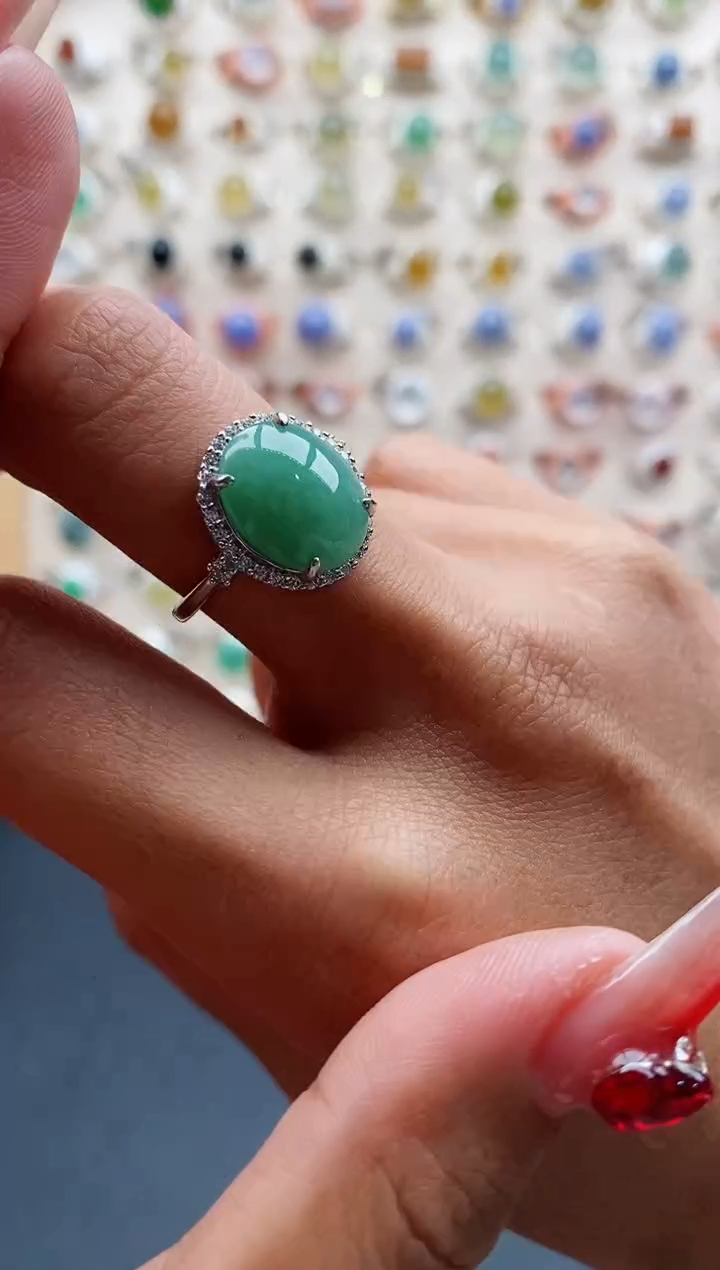 【闪购商品】翡翠戒指银S925镶嵌缅甸天然A货翡翠444 6+6