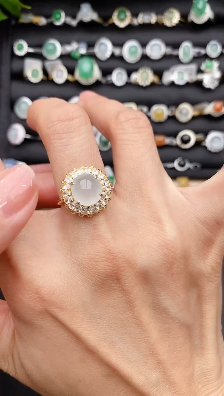 【闪购商品】翡翠戒指银S925镶嵌缅甸天然A货翡翠444   8-9