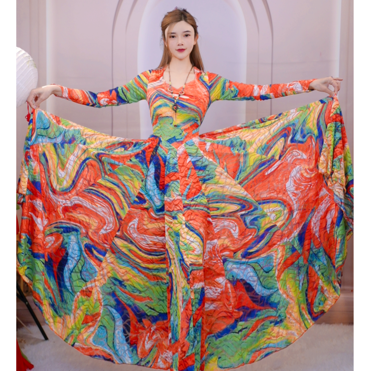 冬日暖阳新款新疆民族长款印花宽松时尚定位花720连衣裙