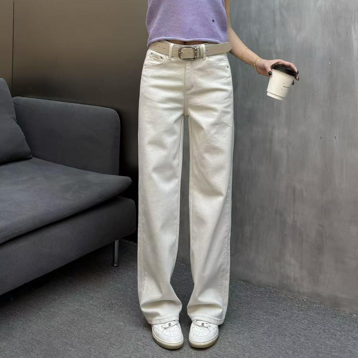 【裤博汇】春日质感•百搭雅调星空米色79012四面弹高腰直筒裤牛仔裤